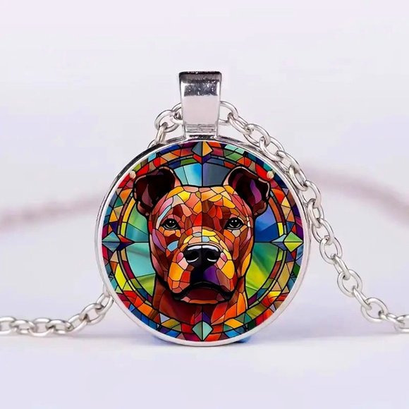 Independent Jewelry - Silver PIT BULL DOG Glass Cabochon Pendant Necklace